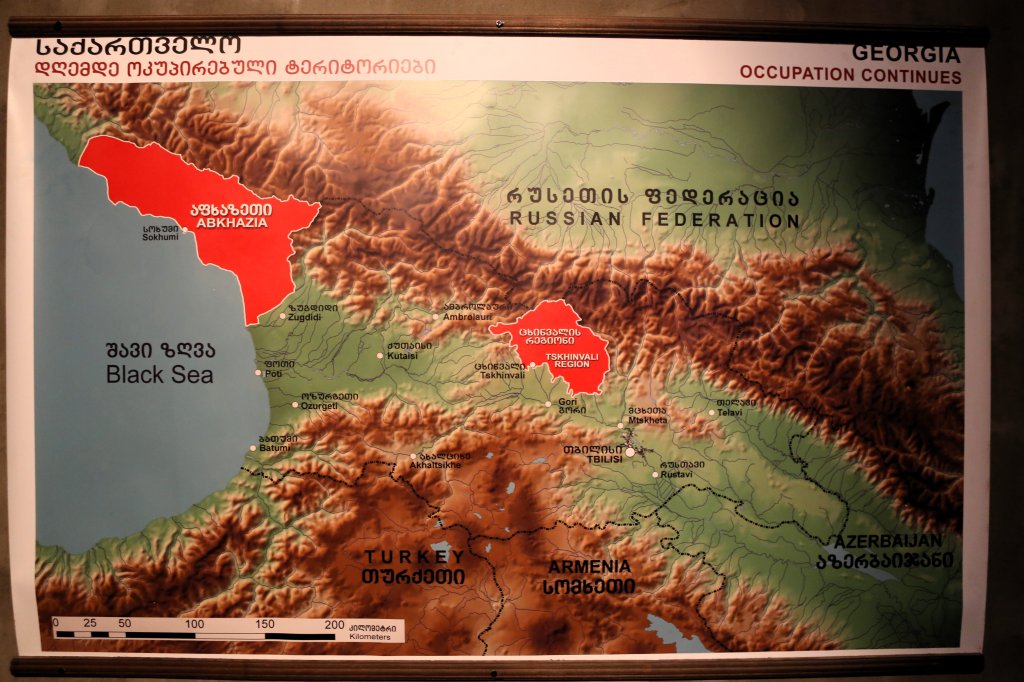 A map of Georgia, showing the two break-away states of Abkhazia and South Ossetia in red.