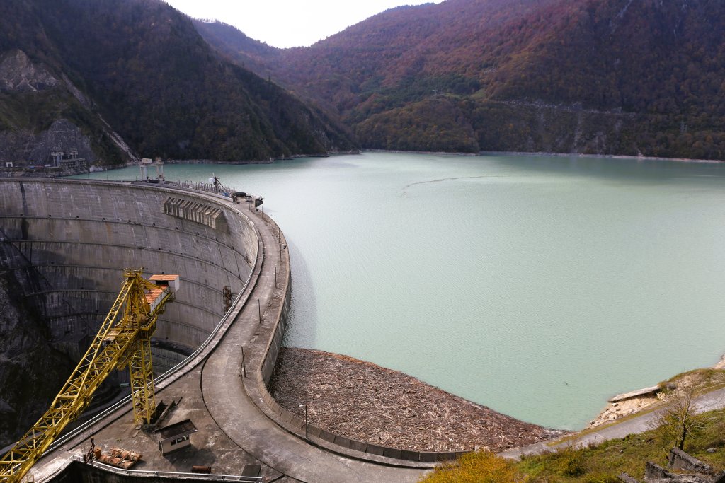 The Enguri Dam is a hydroelectric dam on the Enguri River. Currently, it is the world's second highest concrete arch dam, with a height of 271.5 metres (891 ft).