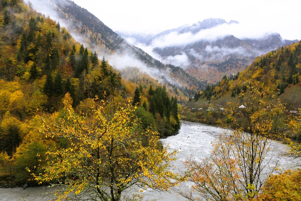 A view of the Enguri River which emerges from the high Caucasus, winds its way down the Svaneti valley, and eventually empties into the Black Sea.