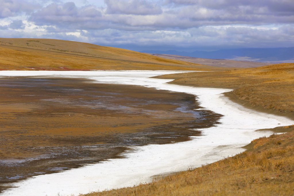 A dried-up salt lake on the road to the David Gareji Monastery complex in eastern Georgia.