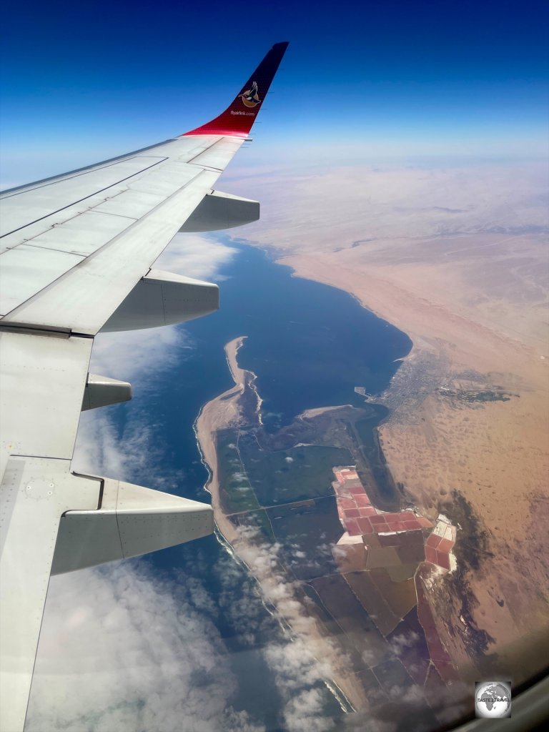 Flying over Walvis Bay, Namibia, without needing to make a fuel stop.