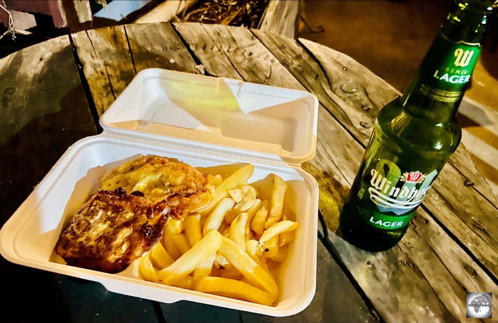 My fish and chips meal at the weekly Fish Fry.