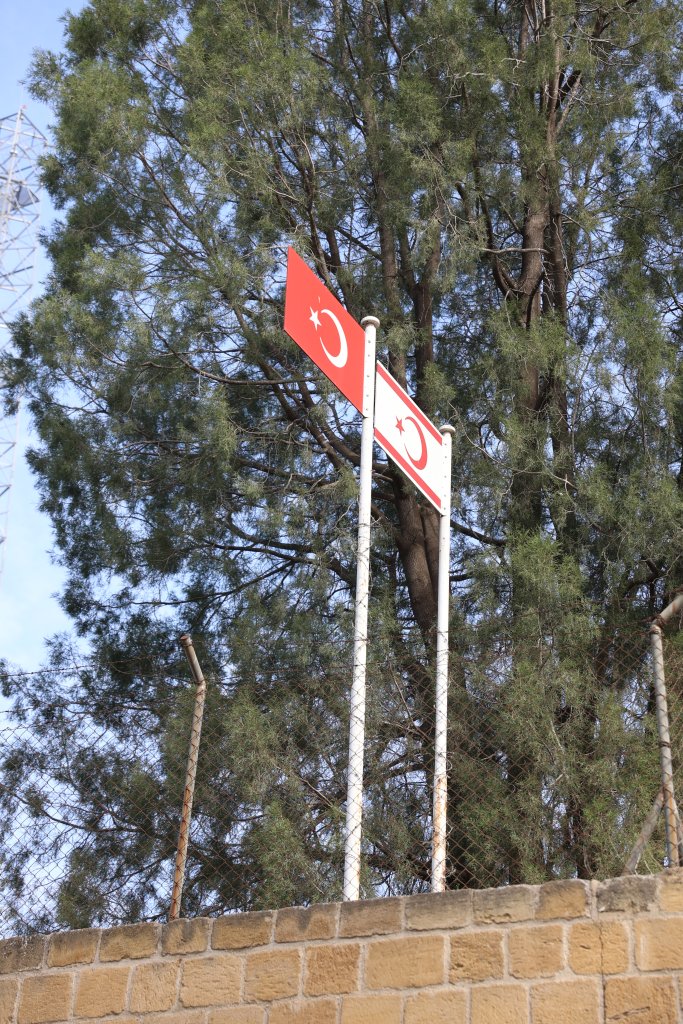The flags of Turkey and the Turkish Republic of Northern Cyprus (TRNC) can be seen from the Cyprus side of the dividing wall in Nicosia.