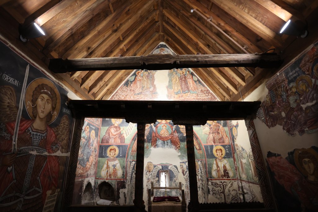 Frescoes, inside the UNESCO World Heritage-listed Archangel Michael Church, in the village of Pedoulas, Cyprus.