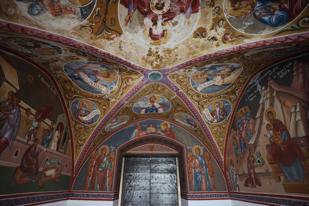 600-year-old frescoes adorn the walls of the Church of St. Nicholas of the Roof, a UNESCO World Heritage Site in the Troodos Mountains of Cyprus.