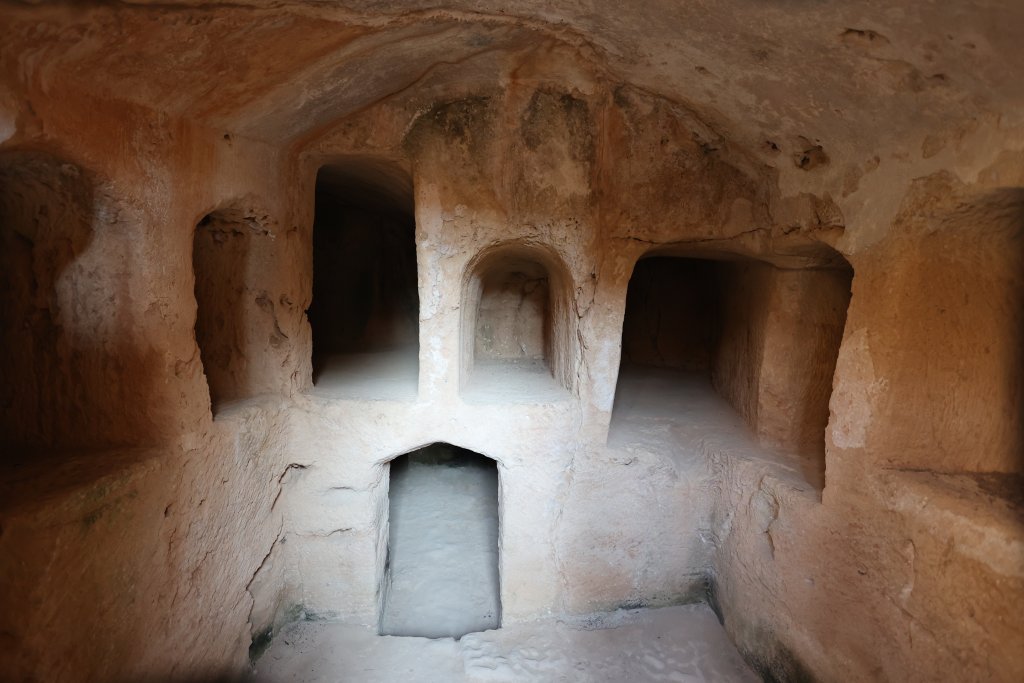 A view, inside one of the tombs, in the necropolis complex at the Nea Paphos archaeological area.