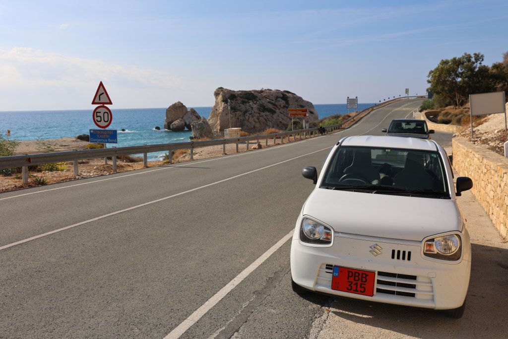 My rental car parked at Aphrodite's Rock, which is located on the highway between Paphos and Limassol.