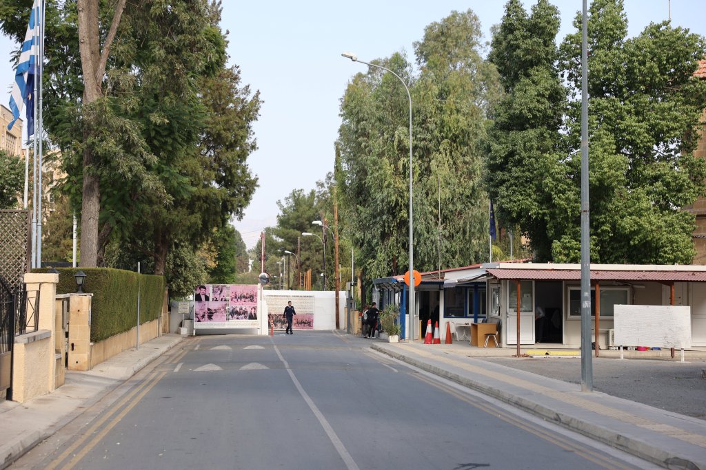A view of the Ledra Palace Hotel crossing point (from southern Cyprus) on the UN Buffer zone.