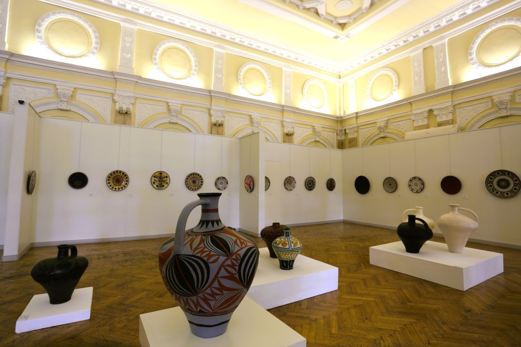 A ceramics display, in the "Bronze Room" at the National Museum of Fine Arts of Moldova in Chișinău.