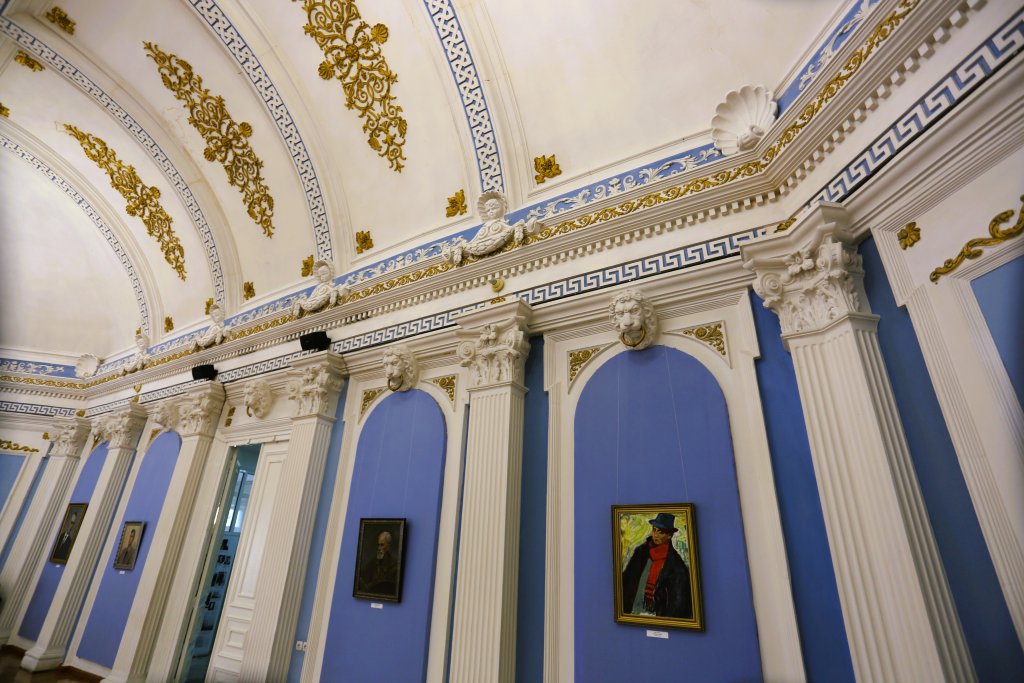 Paintings, hanging on the walls of the 'Blue Room" at the National Museum of Fine Arts of Moldova.