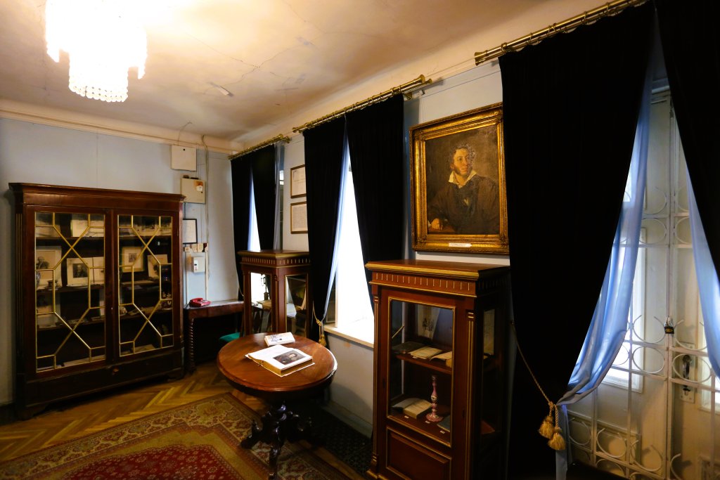 A portrait of Pushkin overlooks the library inside the Alexander Pushkin House-Museum in Chisinau.