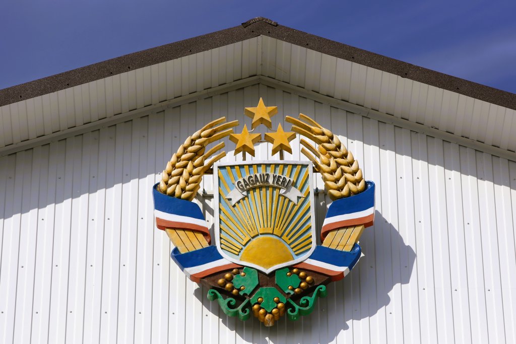 The coat of arms of Gagauzia adorns a government building in Comrat.