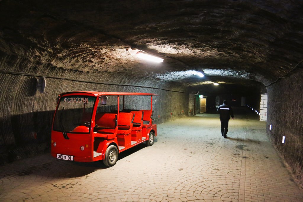 With 120 km of underground galleries at Cricova, small trolley cars are used to transport visitors between the different sights.