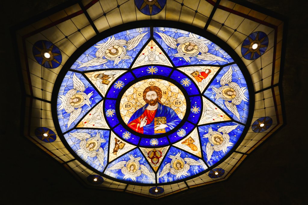 A stained glass window, in an underground chapel at the Cricova winery.