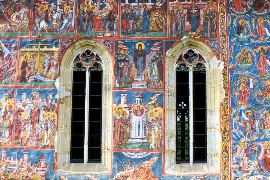Of the profusion of frescoes which cover the outside walls of the church at the Moldovița Monastery, it is said that they are "the holy scriptures in colour".