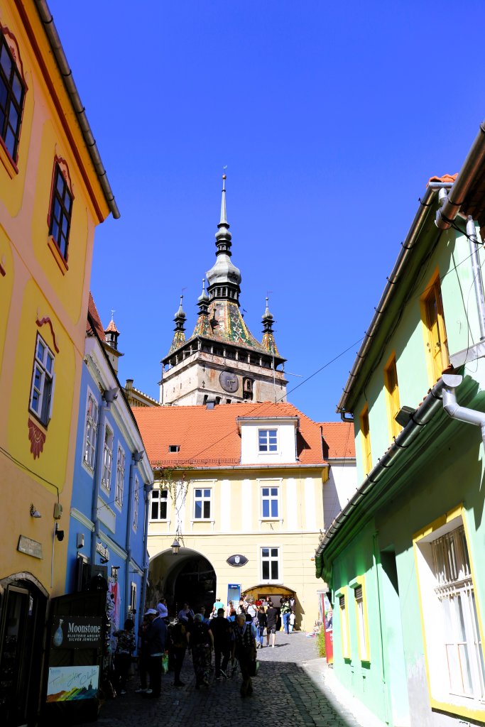 A view of Sighișoara old town, with the 60-metre tall Clock Tower which dates from 1360.