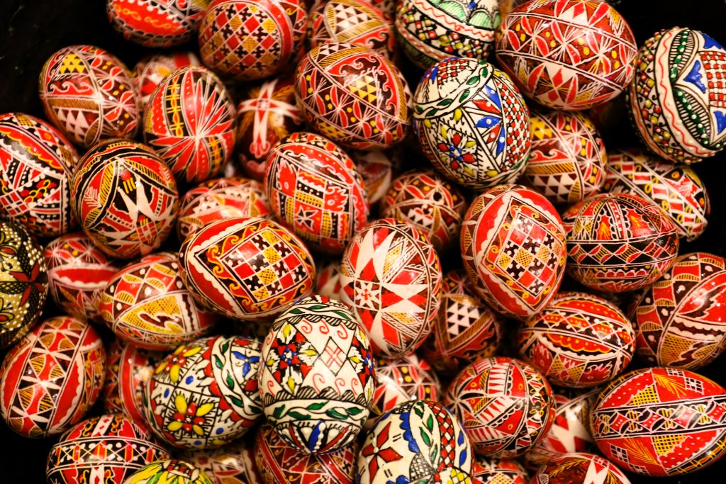 Painted eggs in the town of Sighișoara. The tradition of egg decoration in Slavic cultures originated in pagan times, and was transformed by the process of religious syncretism into the Christian Easter egg.