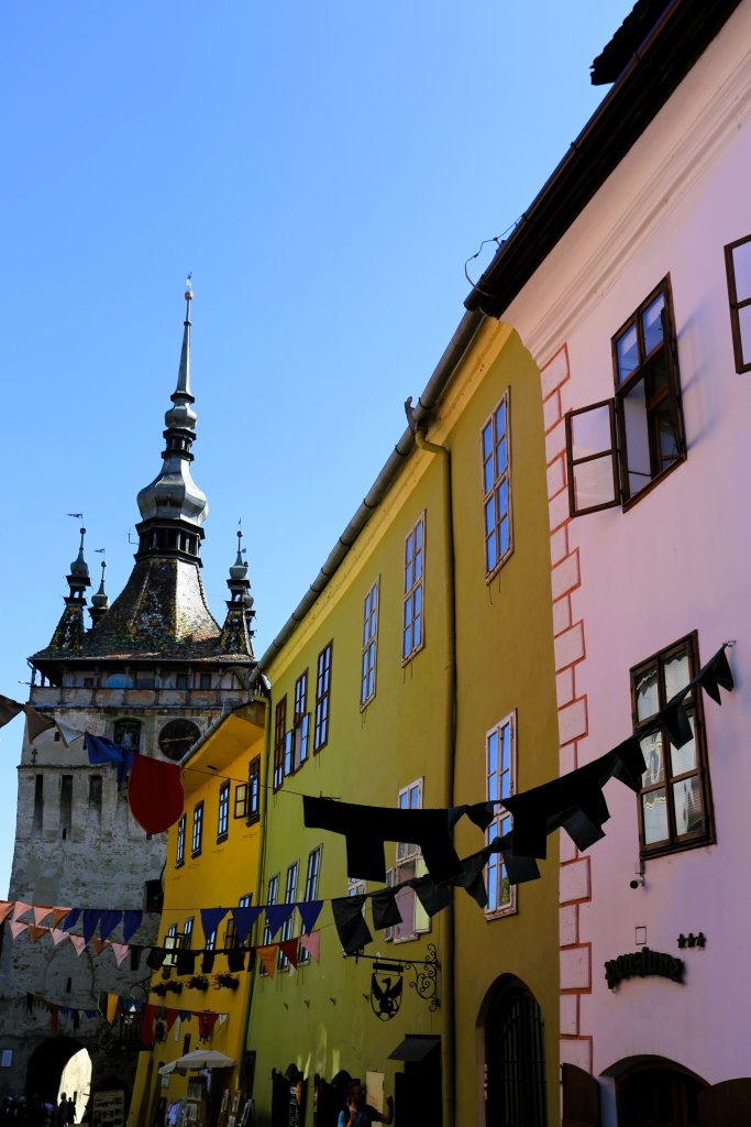 A view of Sighișoara old town, with the 60-metre tall Clock Tower which was built in 1360 on the highest point of this citadel town.