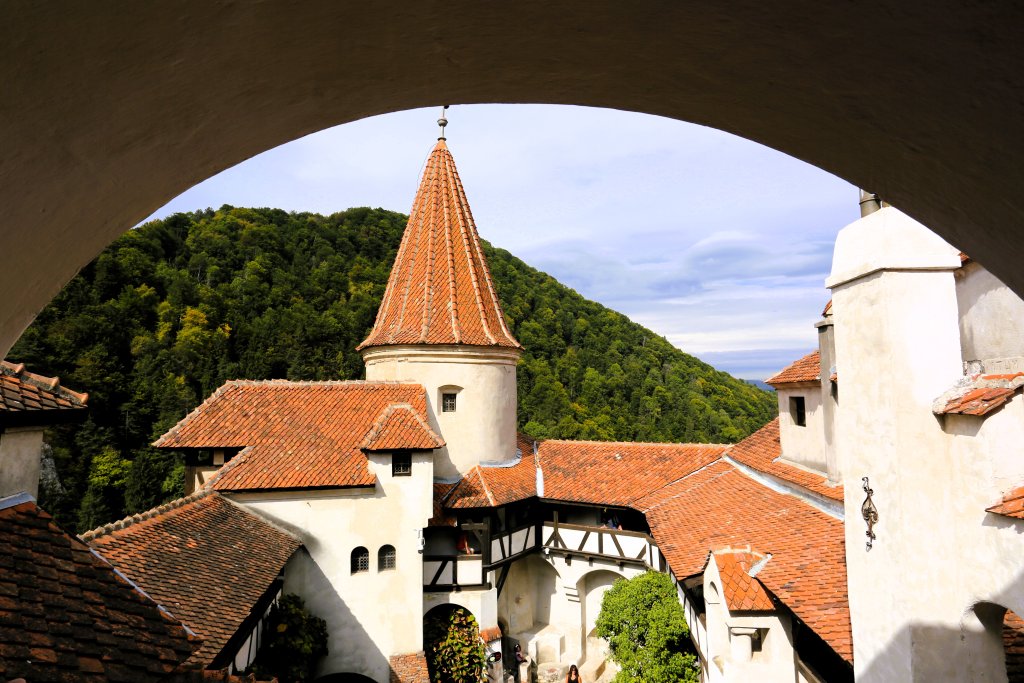 A view of the courtyard of Bran Castle, which is located 25 kilometres (16 mi) southwest of the city of Brașov.