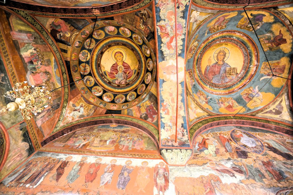 Ceiling frescoes at the Romanian Orthodox Patriarchal Cathedral in Bucharest.