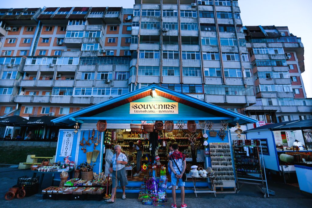 Souvenir shop and apartment buildings in the Danube River city of Tulcea.