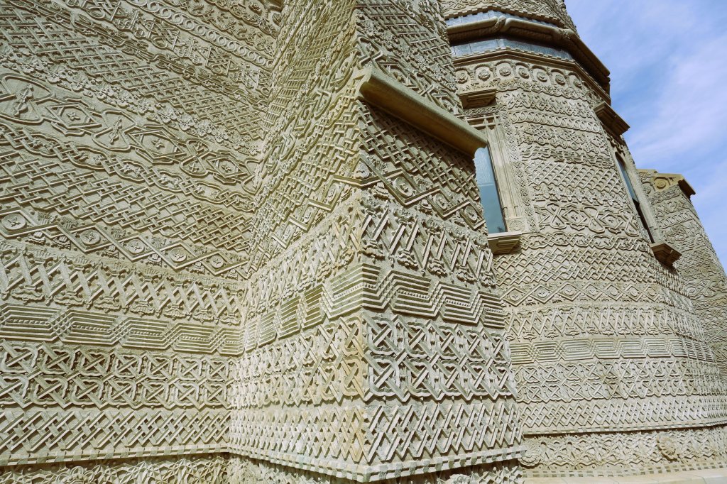 The façade of the Monastery of the Three Hierarchs in Iași is comprised of 30 non-repeating registers of decorative motives which have been hand-carved into the stonework.