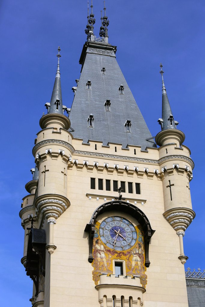 The iconic clock tower which crowns the entrance to the Palace of Culture in Iași, Romainia.