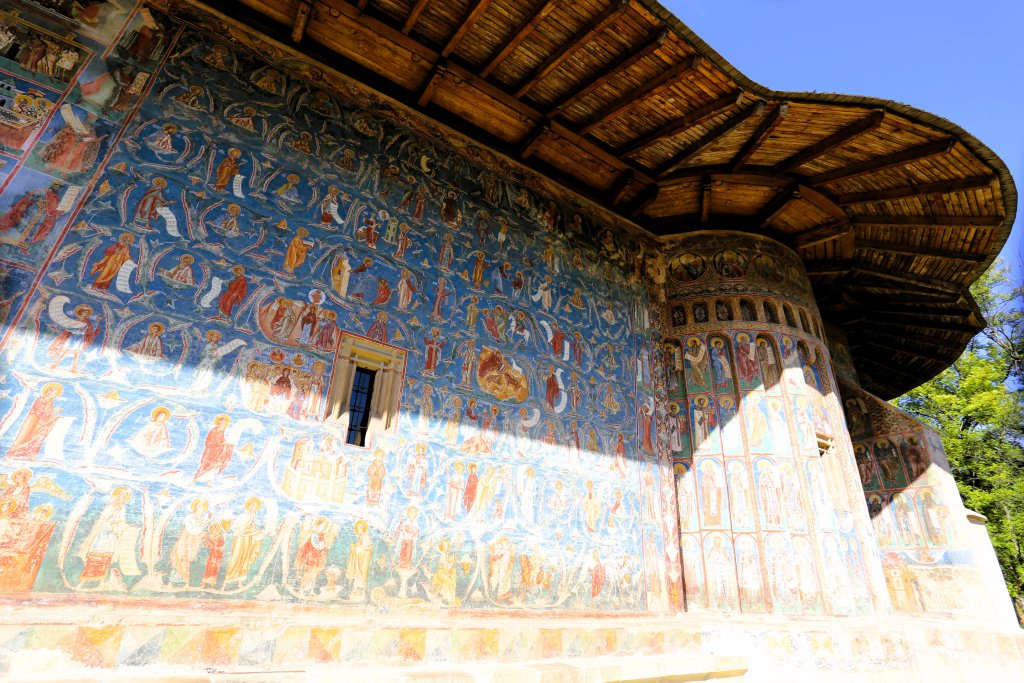 A view of the painted church at Voronet Monastery.