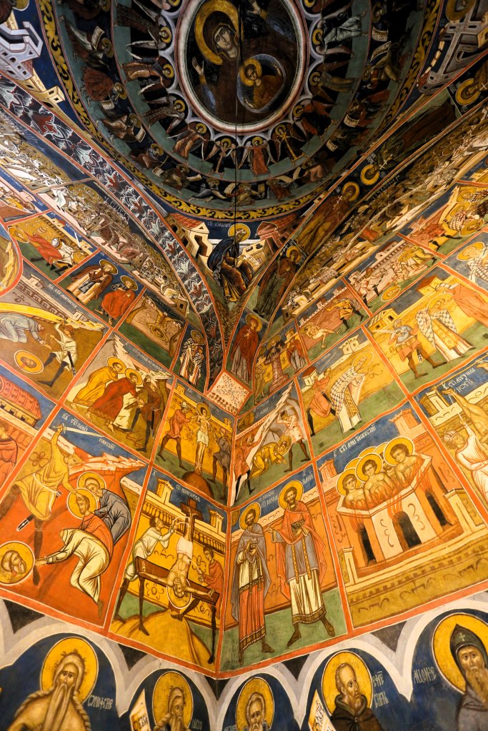 A view of the interior of the church at Voronet Monastery.