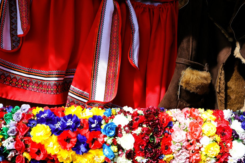 Traditional Romainian cloth for sale at Voronet Monastery.