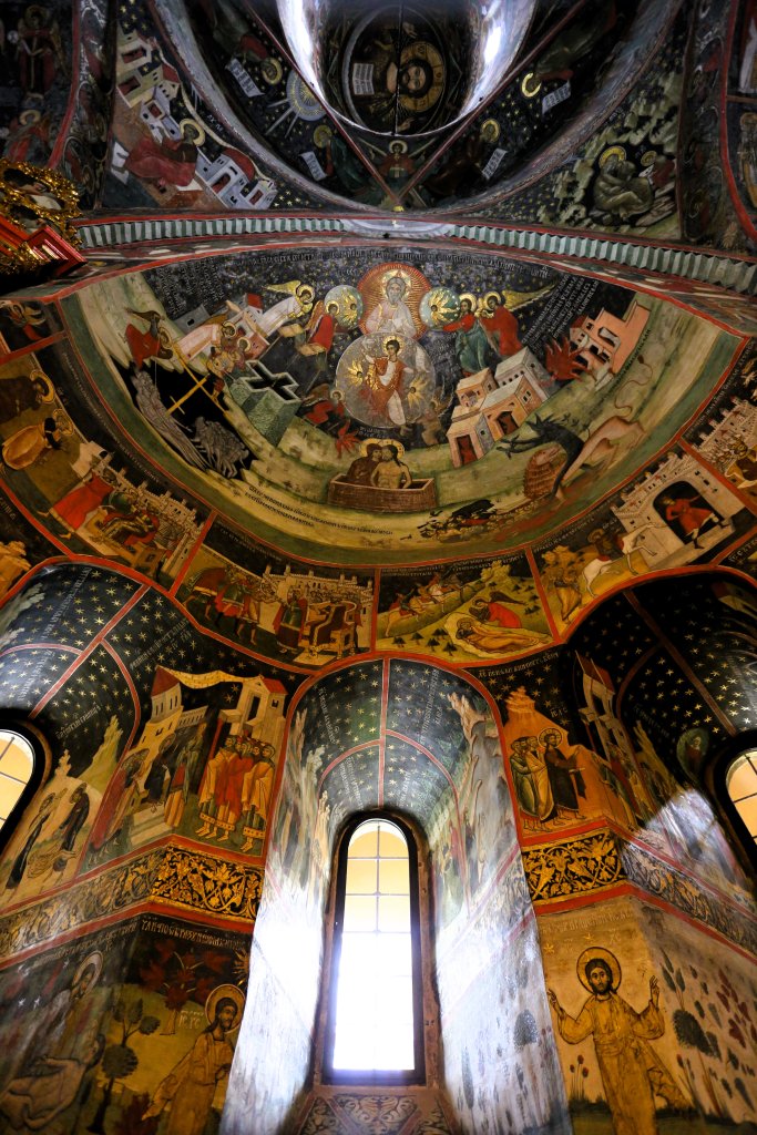 A view of the frescoes which line the interior walls of the church at Sucevita Monastery..