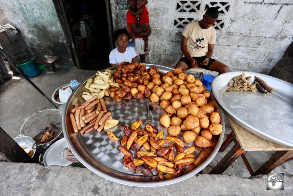 Street food, known locally as 'Calla' in West Point, Monrovia.