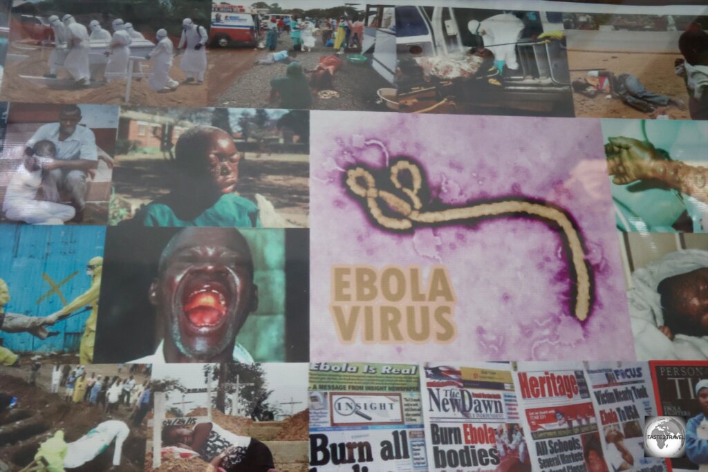 Photos, from the 2014 Ebola virus outbreak, on display at the Liberian National Museum.