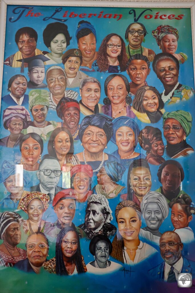 Former president, Ellen Johnson Sirleaf, looms large at the centre of this painting which is on display at the Liberian National Museum in Monrovia.