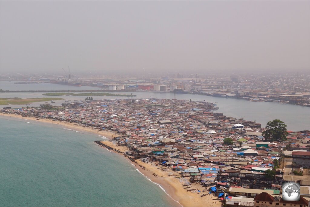 A panoramic view of West Point, the largest slum in Liberia, with a population of 90,000 residents.