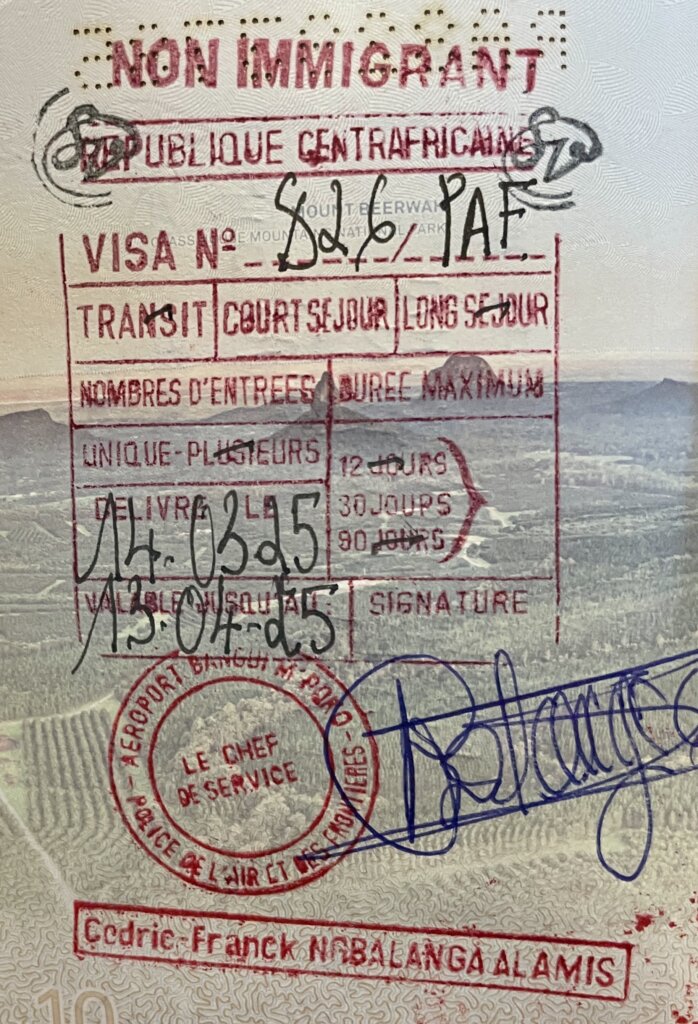 My visa for the Central African Republic, which was issued at Bangui International Airport.