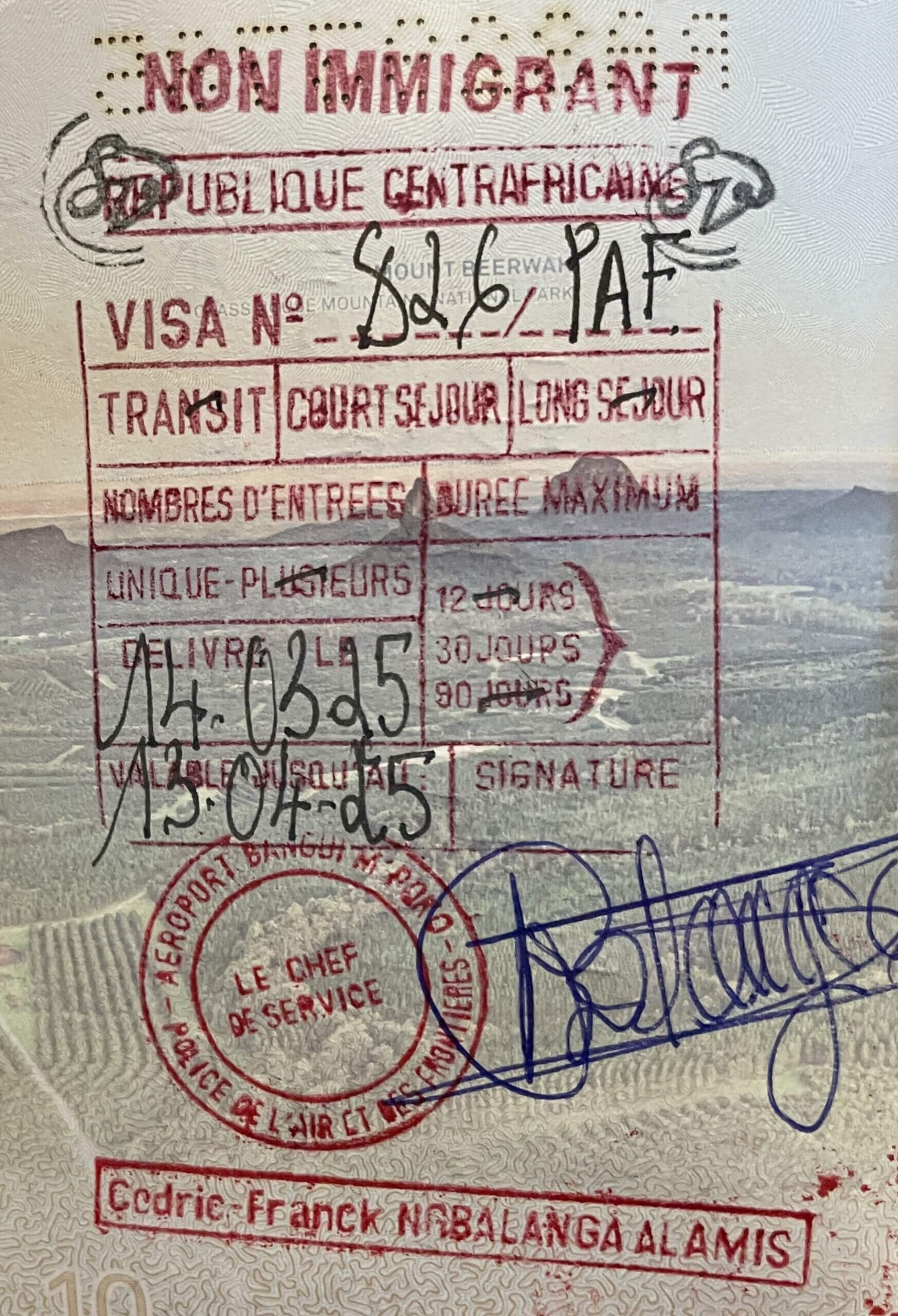 My visa for the Central African Republic, which was issued at Bangui Airport.