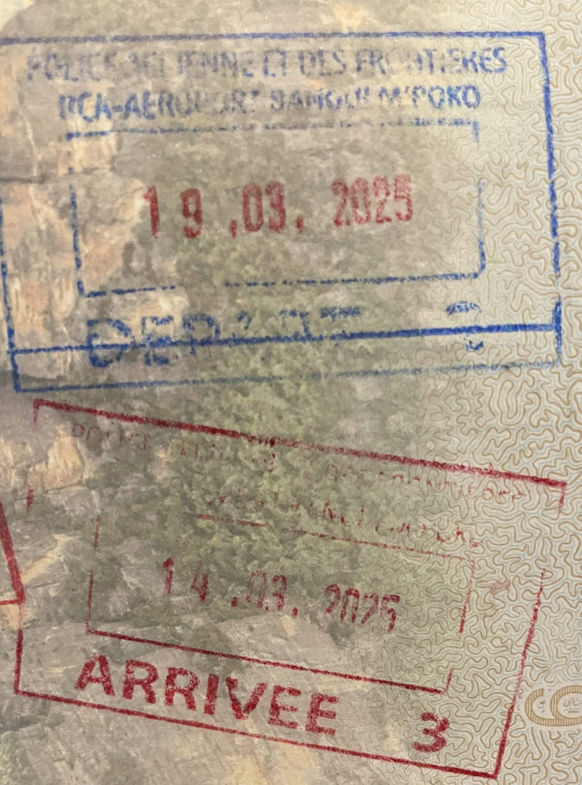 My entry and exit stamps for the Central African Republic.
