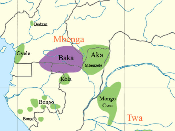 A map showing the distribution of different Pygmy groups in the Congo Basin. Source: Wikipedia.