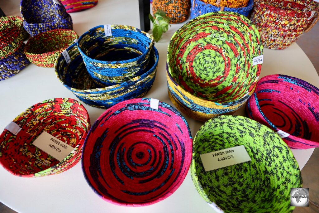 Colourful, hand-woven, baskets for sale at the Ndara Boutique in Bangui.