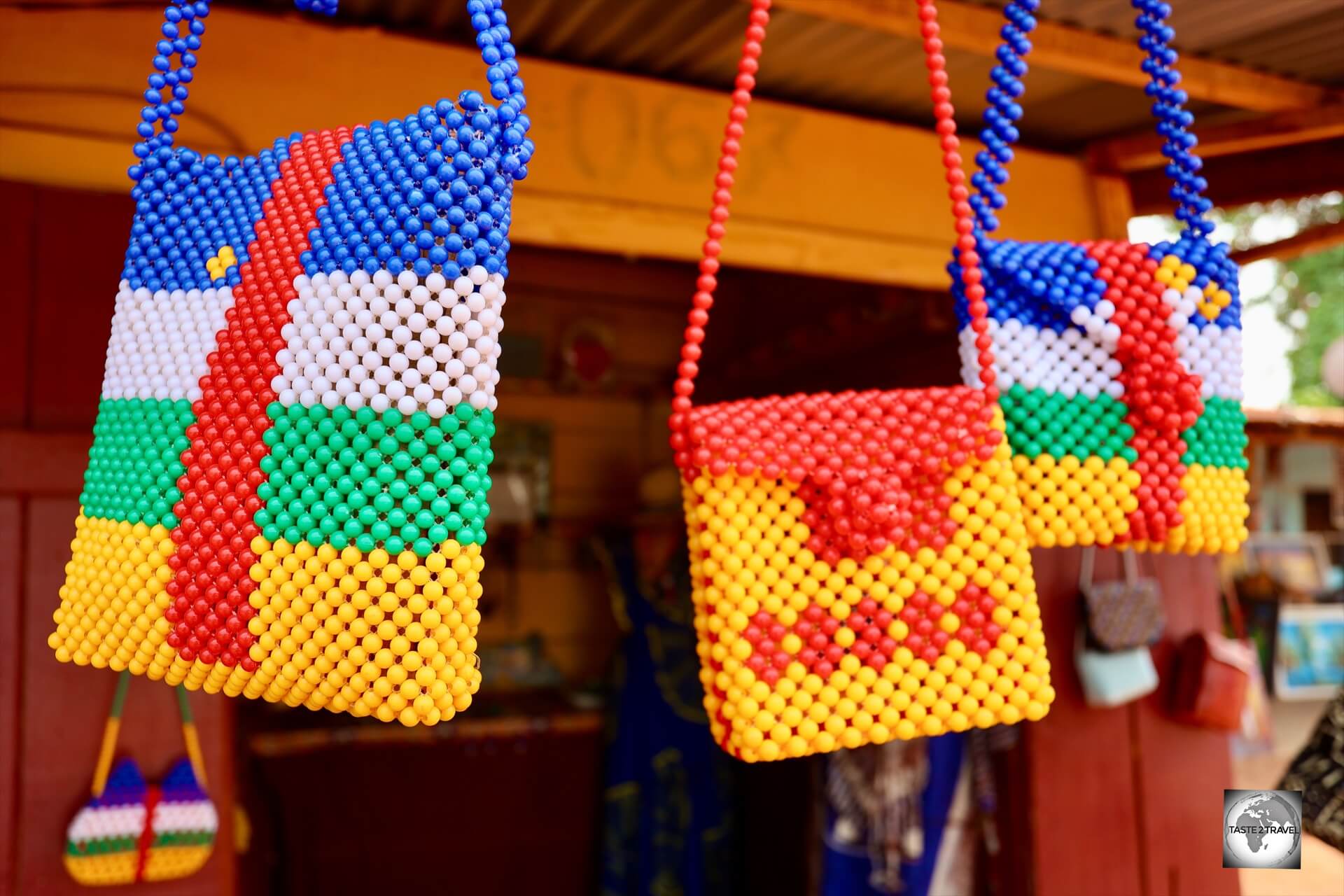 Beaded bags, in the colours of the flag of the CAR, at a craft market in Bangui. 