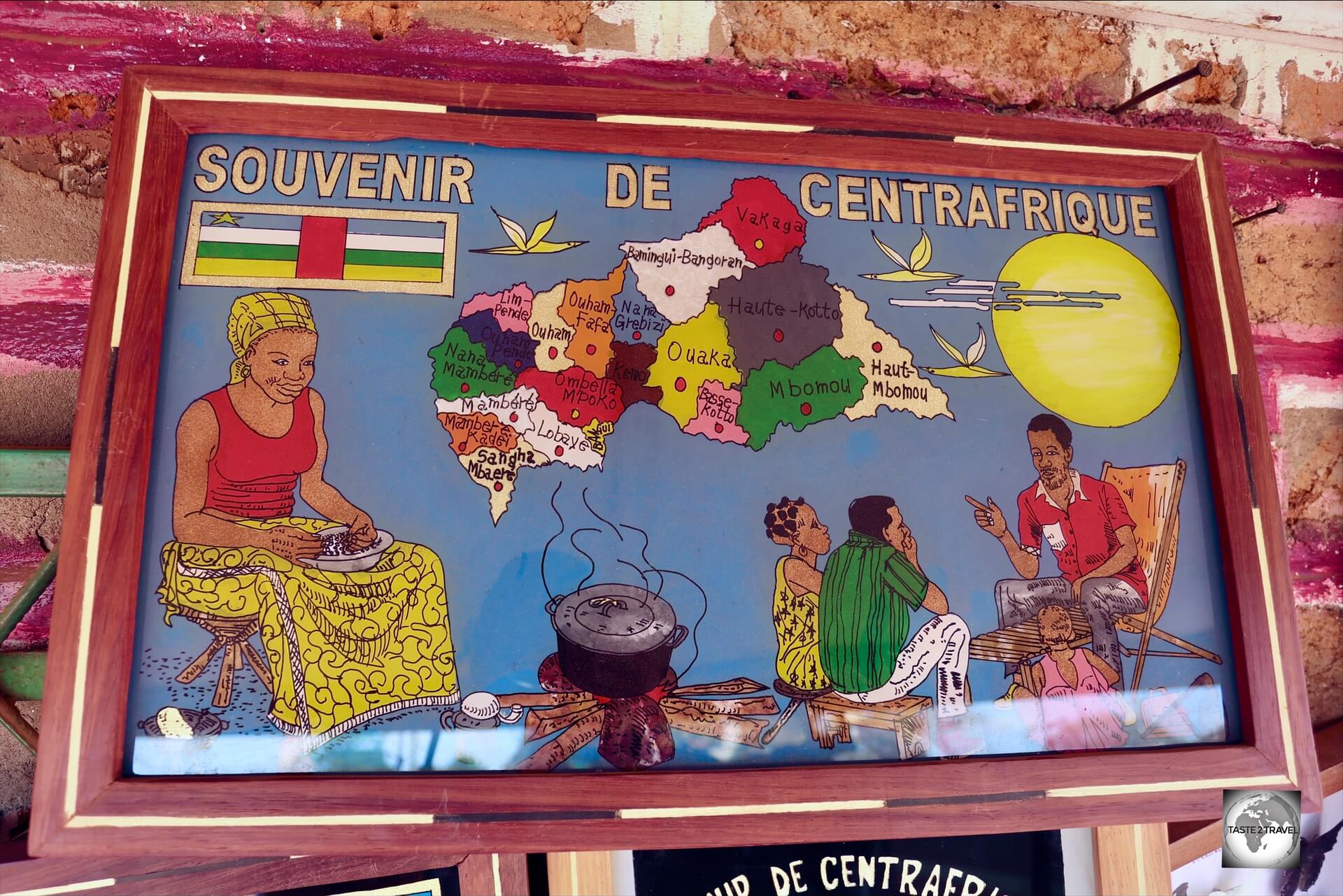 The Central African Republic is divided into 20 prefectures, as shown on this souvenir map at the Artisanal Market in Bangui.