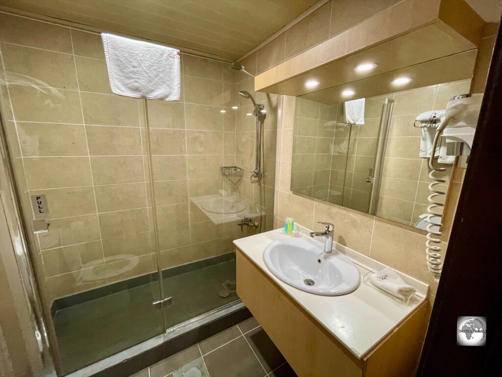 A view of my bathroom at the Cape Coast Hotel in Monrovia.