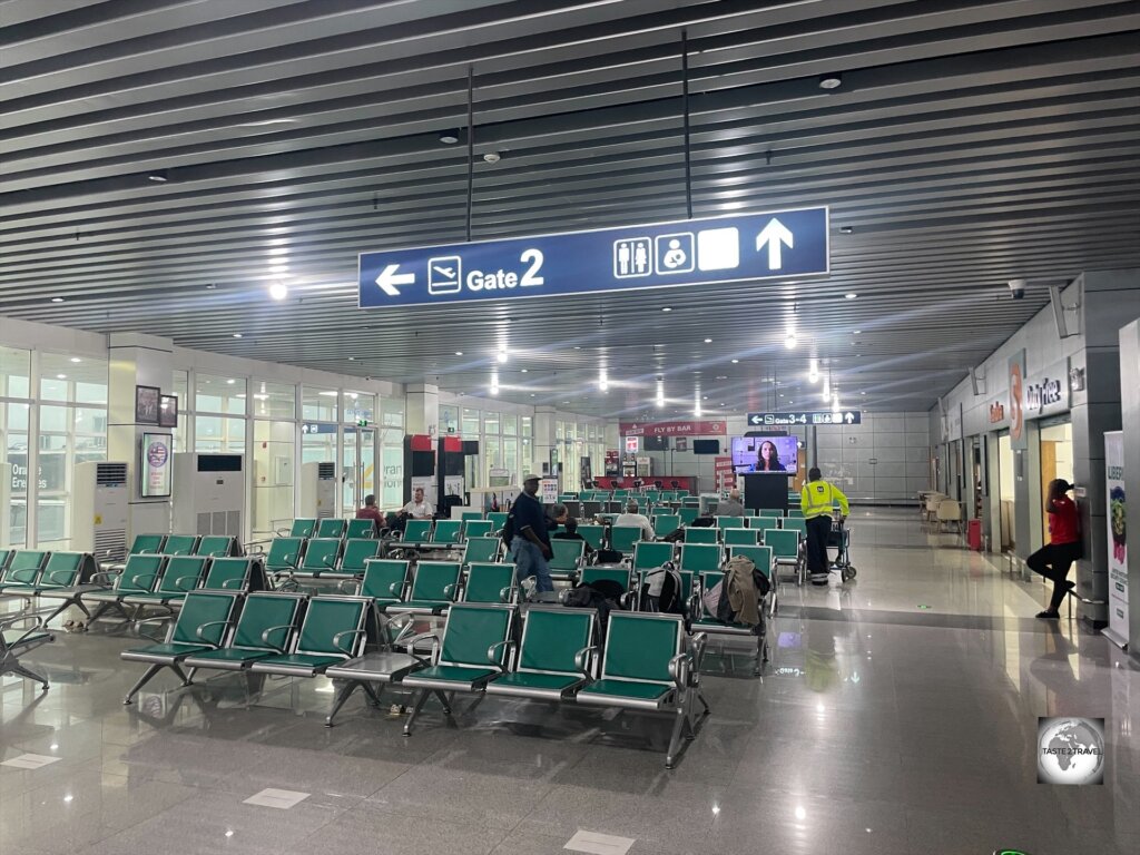 The departure lounge at Roberts International Airport, the only international airport in Liberia.