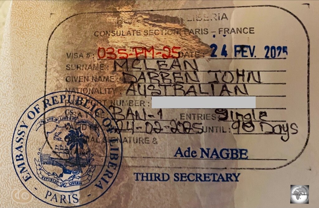 My Liberian visa which was issued at the Liberian embassy in Paris.
