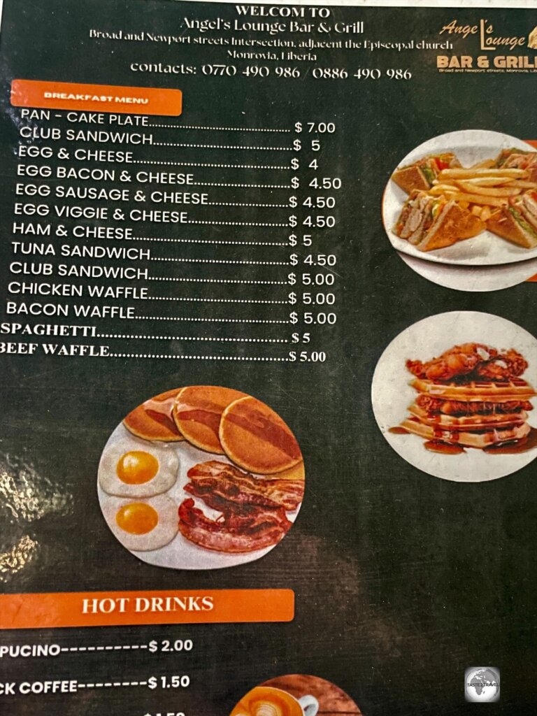 Menu prices at "Angel's Lounge Bar and Grill" in Monrovia.