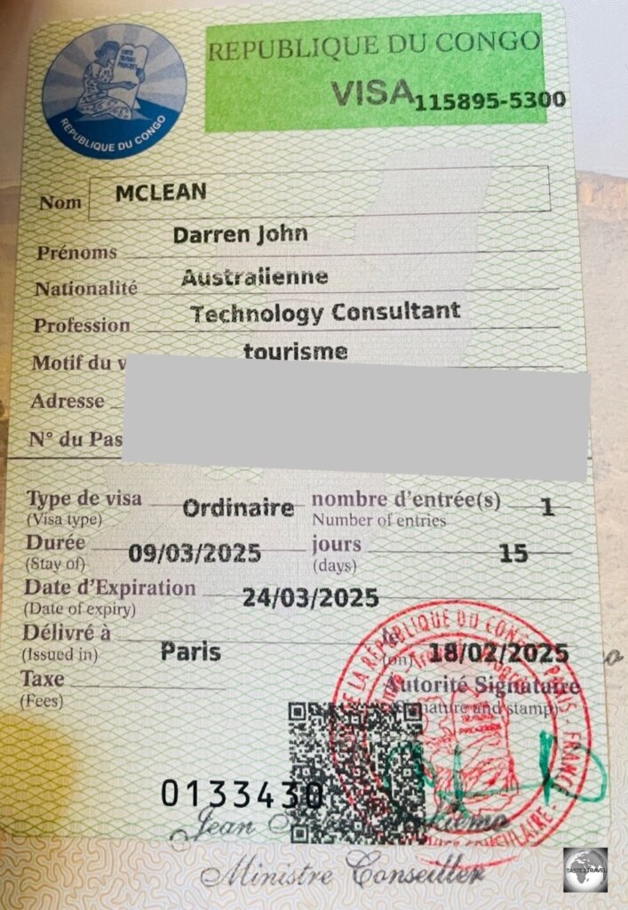 My Congolese visa which was issued at the Republic of the Congo embassy in Paris.