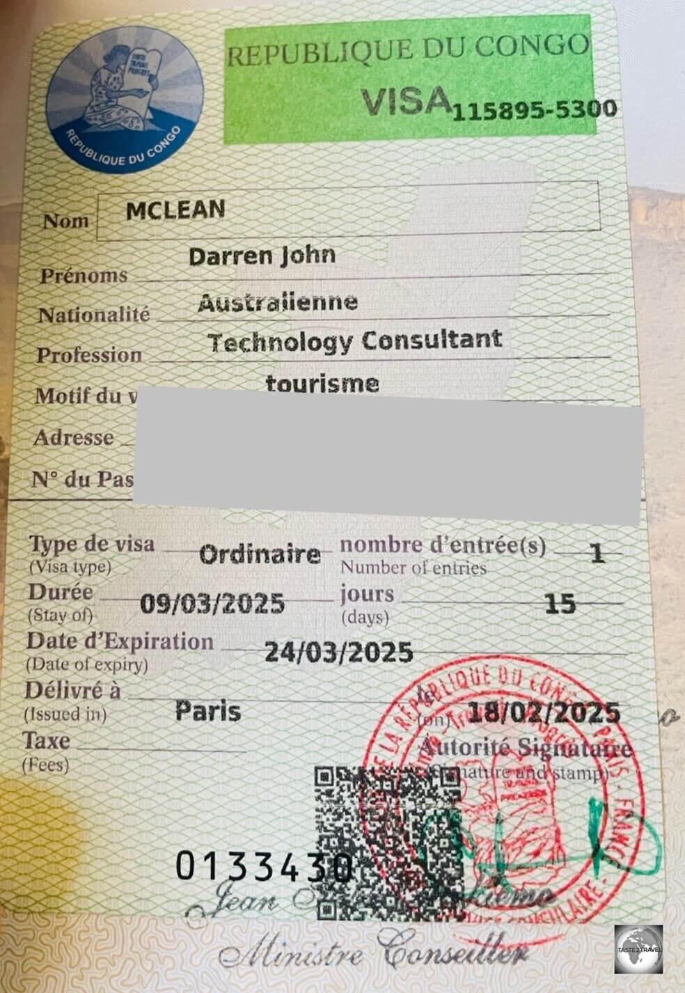 My Congolese visa which was issued at the Republic of the Congo embassy in Paris.