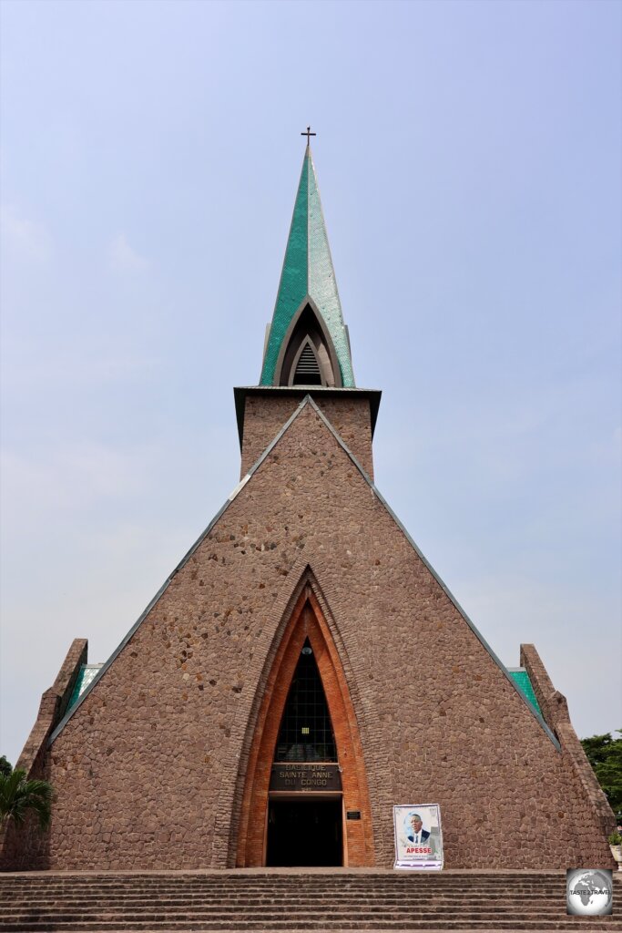 A view of the exterior of Sainte-Anne of the Congo Basilica, which blends European and African design elements.