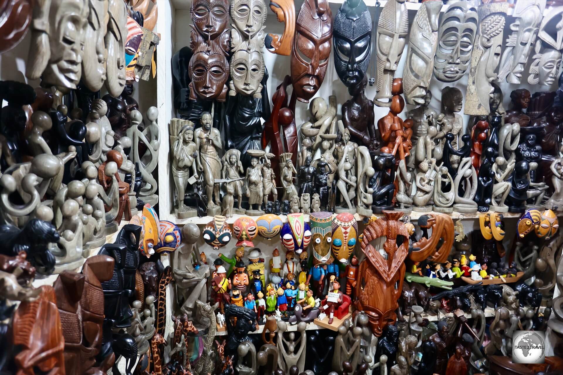 A craft market in Brazzaville, featuring a treasure trove of locally carved masks and soap-stone sculptures.